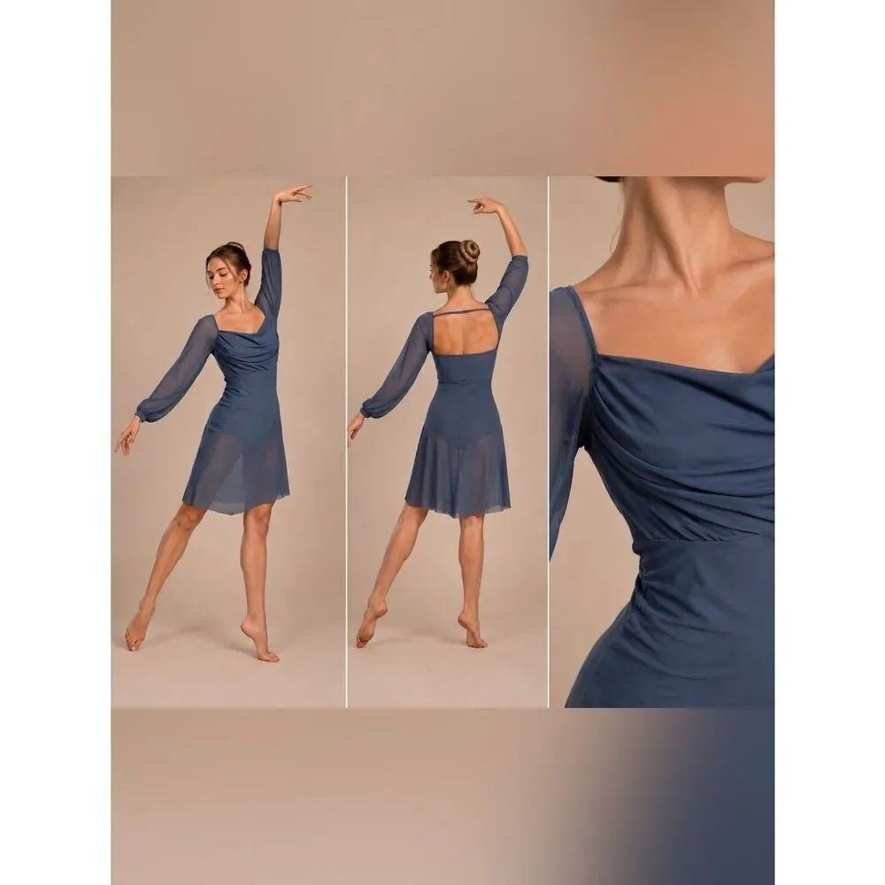 Weissman Balera solo lyrical Dance costume blue Mesh Poet Sleeve Dress 16384 MA